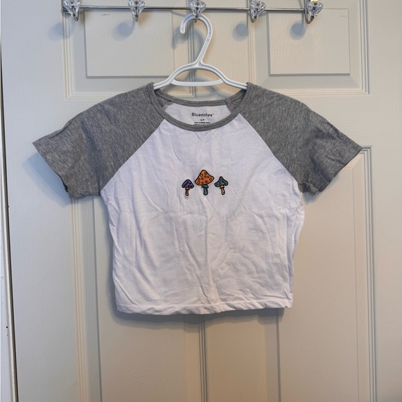 Bluenotes Tops - Bluenotes Gray and White Crop Top with Mushroom Design